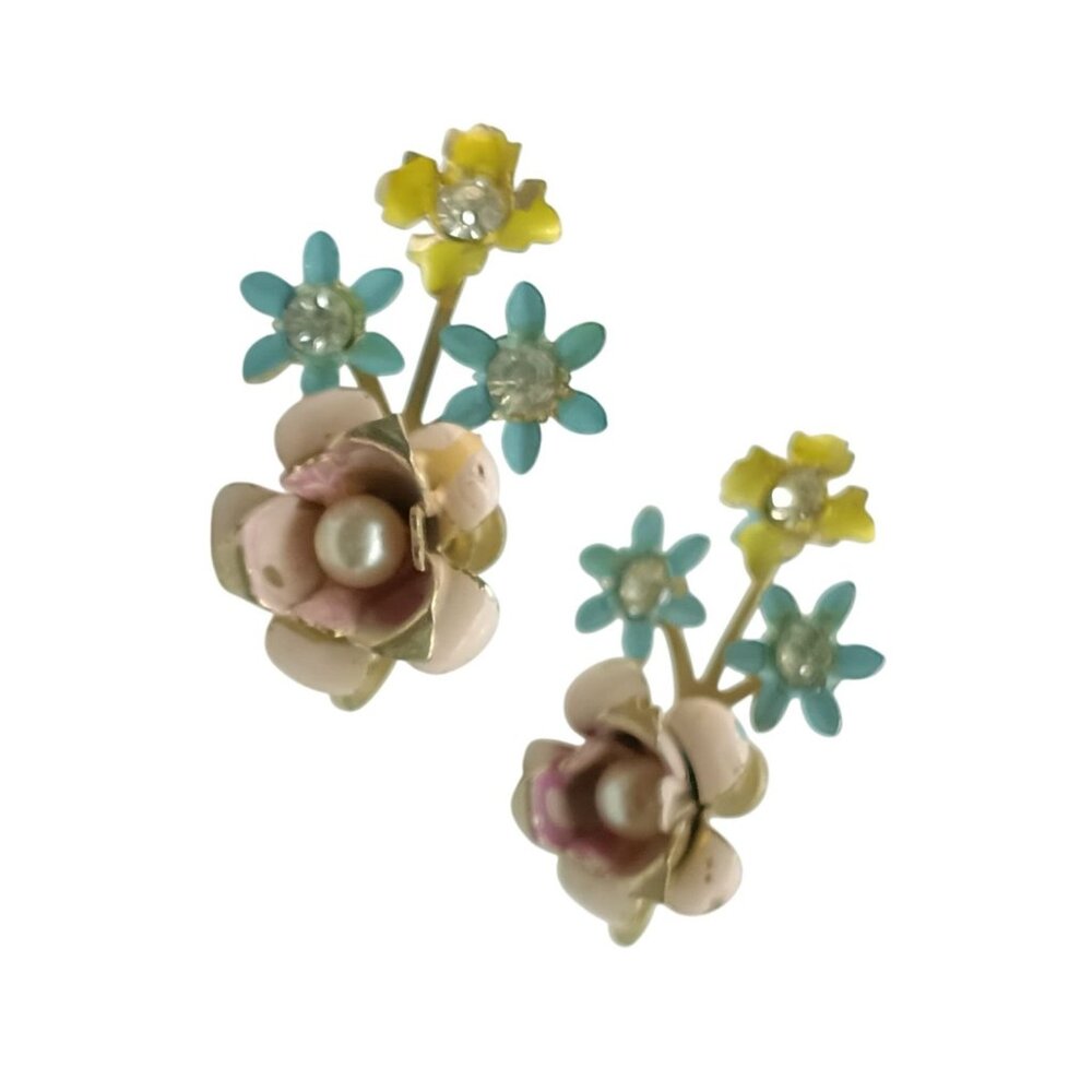 Vintage Floral Screw-Back Earrings With Enamel & Faux Pearl Accents Multicolor